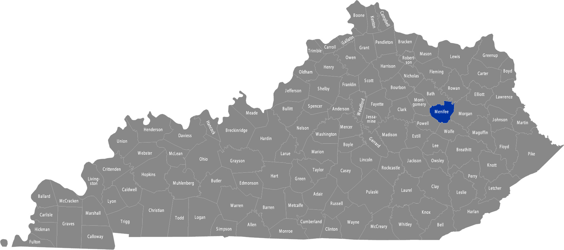 State of Kentucky map with Menifee County highlighted 