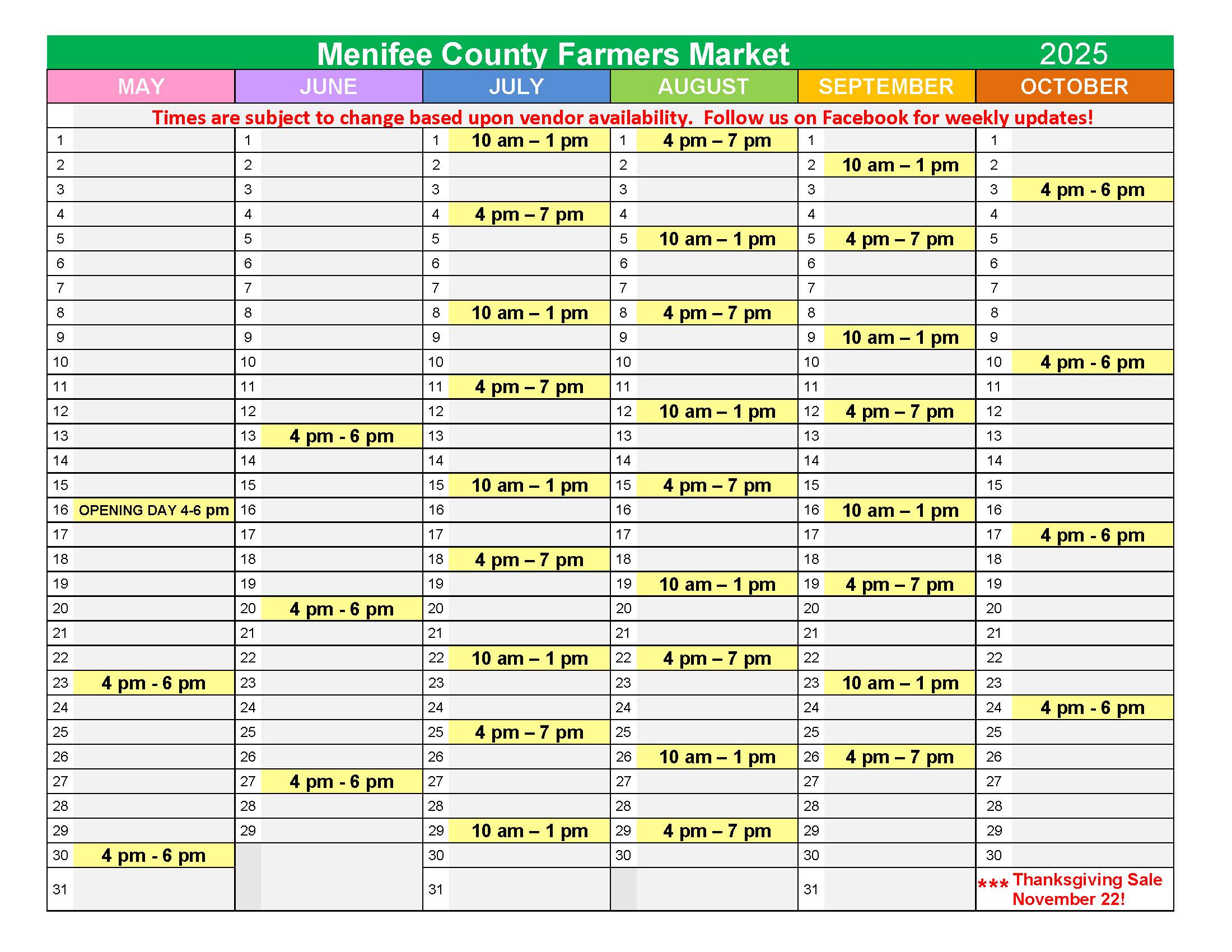 2025 Farmers Market Calendar